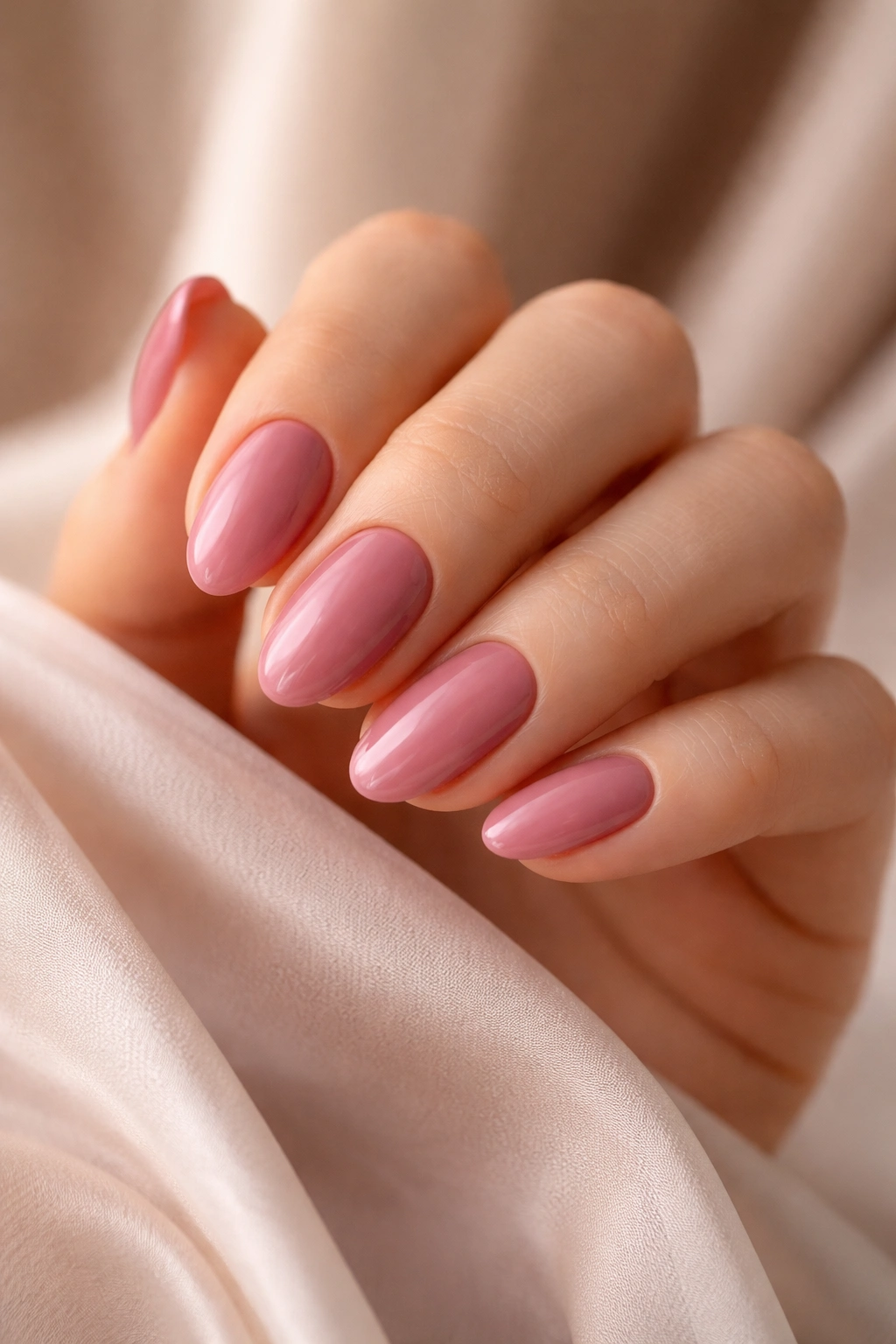 Close-up of dusty rose almond nails on short nails with warm lighting