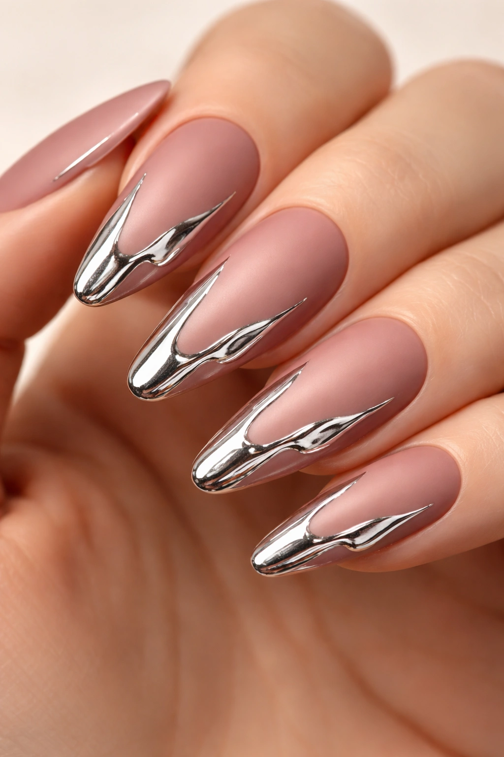 Close-up of dusty rose matte nails with chrome drip running down the nail