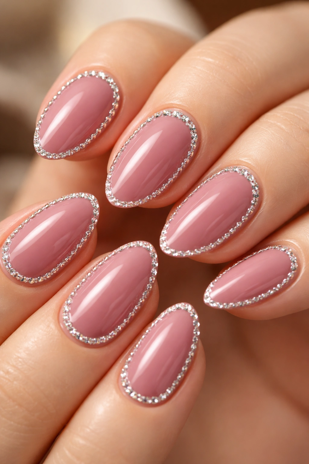Close-up of dusty rose almond nails framed with crystal edge