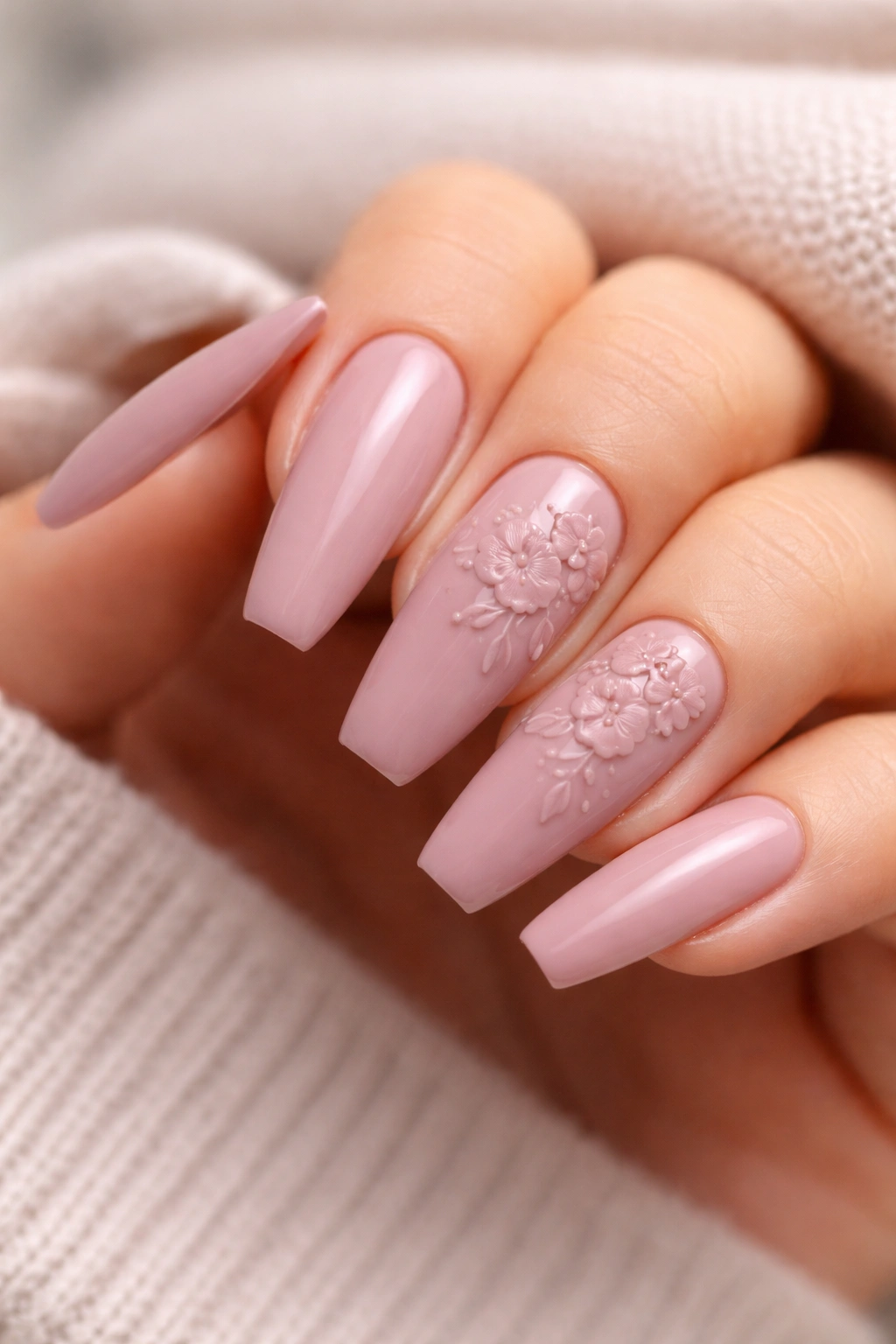 Dusty rose ballerina nails with tone-on-tone floral art