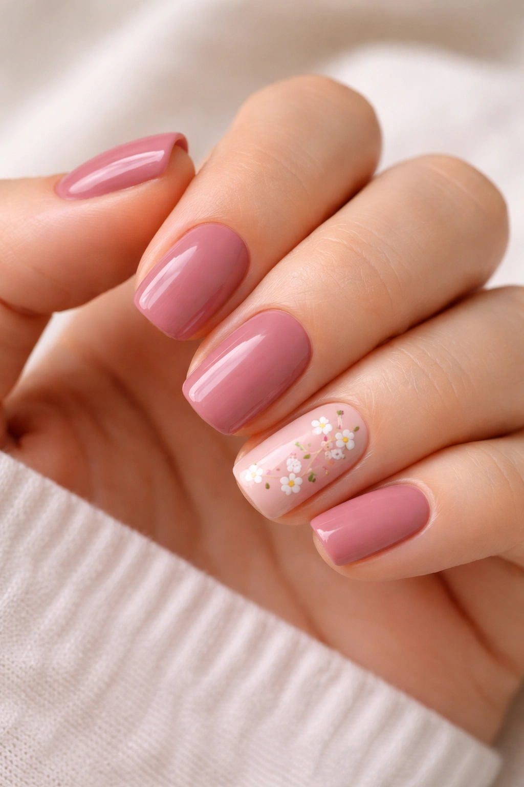 Close-up of dusty rose nails with micro white floral accents on accent nails.