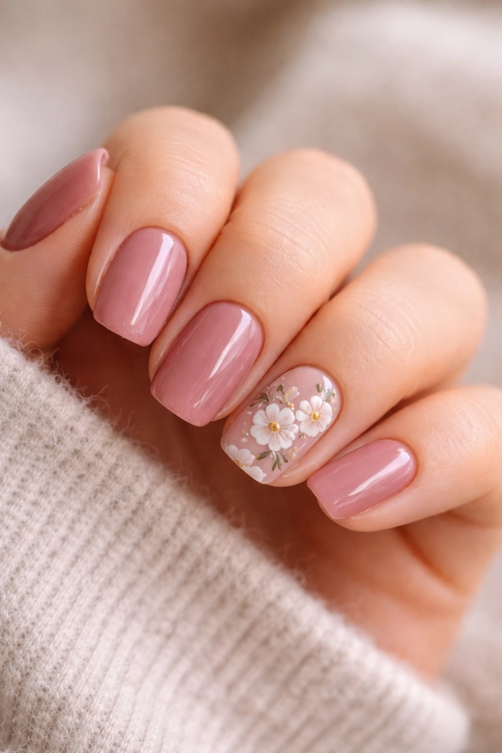 Dusty rose nails with hand-painted white floral accents on a couple nails