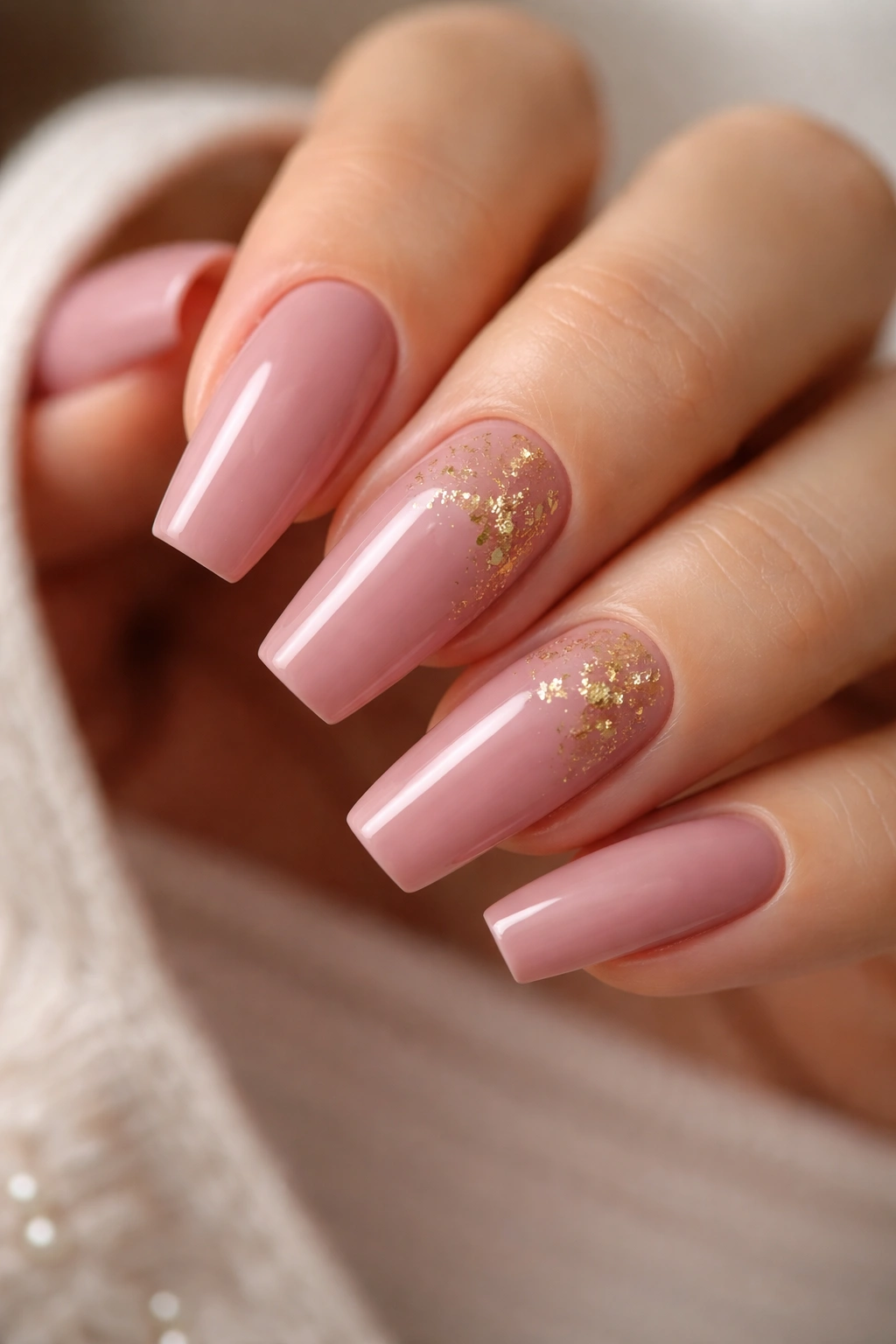 Dusty rose coffin nails with gold foil accents