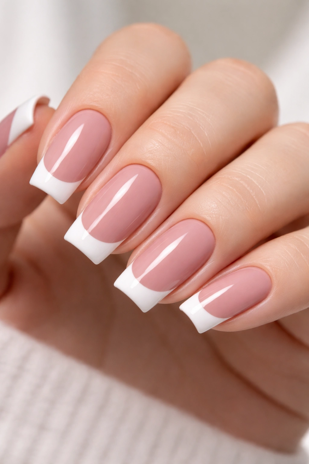 Dusty rose nails with white French tips on soft square nails.