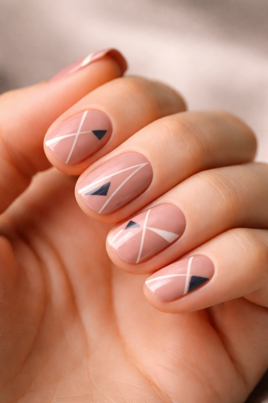 Dusty rose nails with white and navy geometric shapes