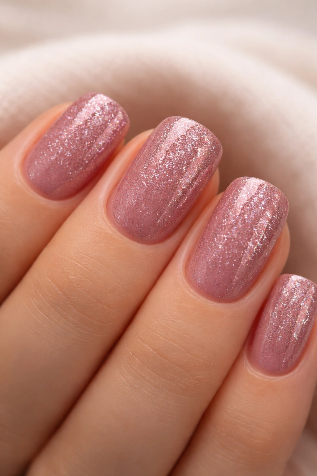 Close-up of dusty rose nails with subtle glitter