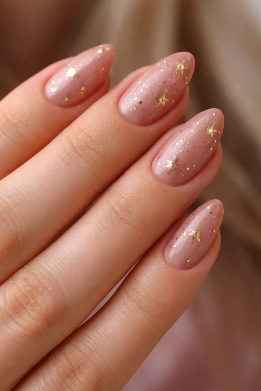 Dusty rose nails with tiny gold stars on short almond nails