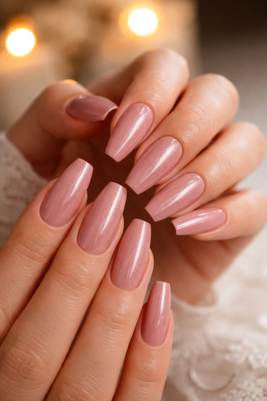 Dusty rose nails with hidden shimmer on ballerina shape