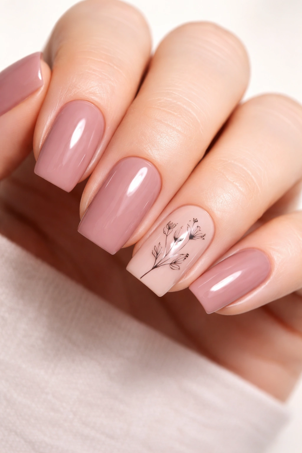 Close-up of dusty rose nails with delicate black floral line art on accent nail, soft square shape.