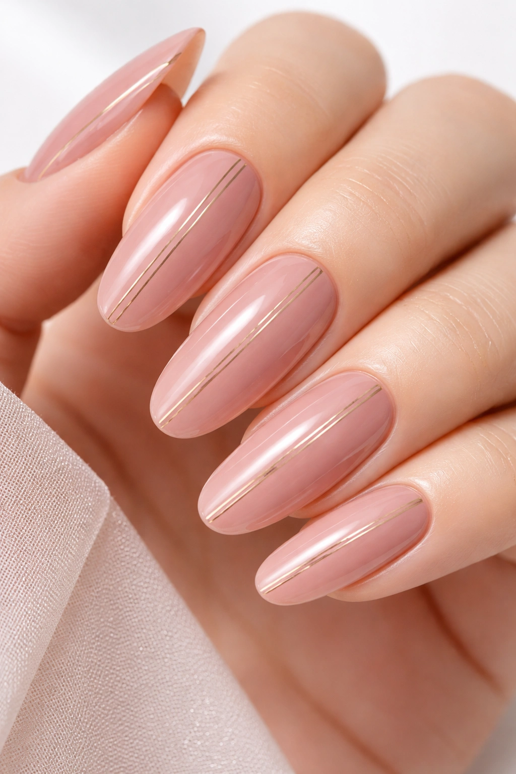 Close-up of dusty rose nails with fine linear metallic details