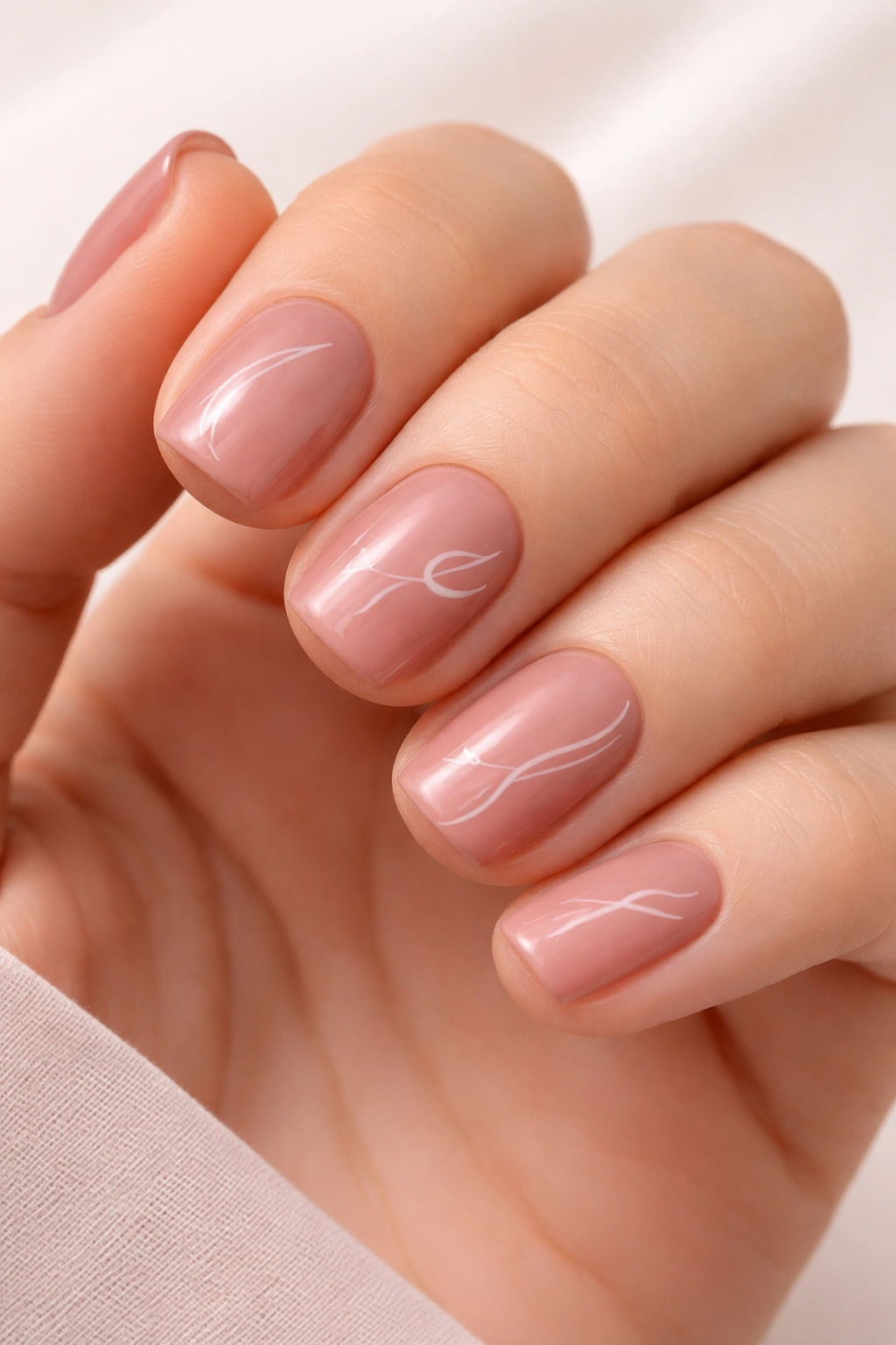 Close-up of dusty rose nails with minimal white line art on short squoval nails