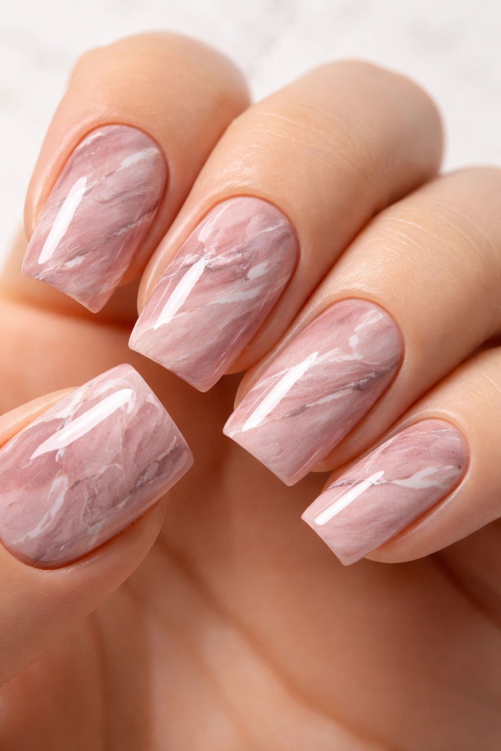 Dusty rose marble nails with gray and white veining on soft square nails