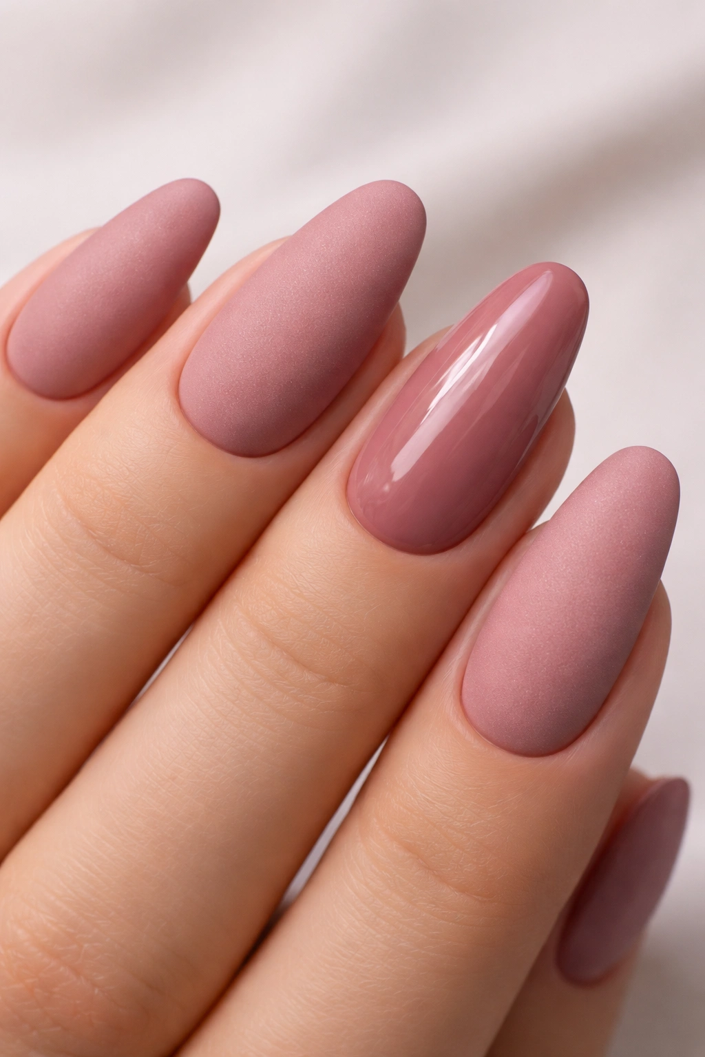 Dusty rose nails with matte finish and a glossy accent nail