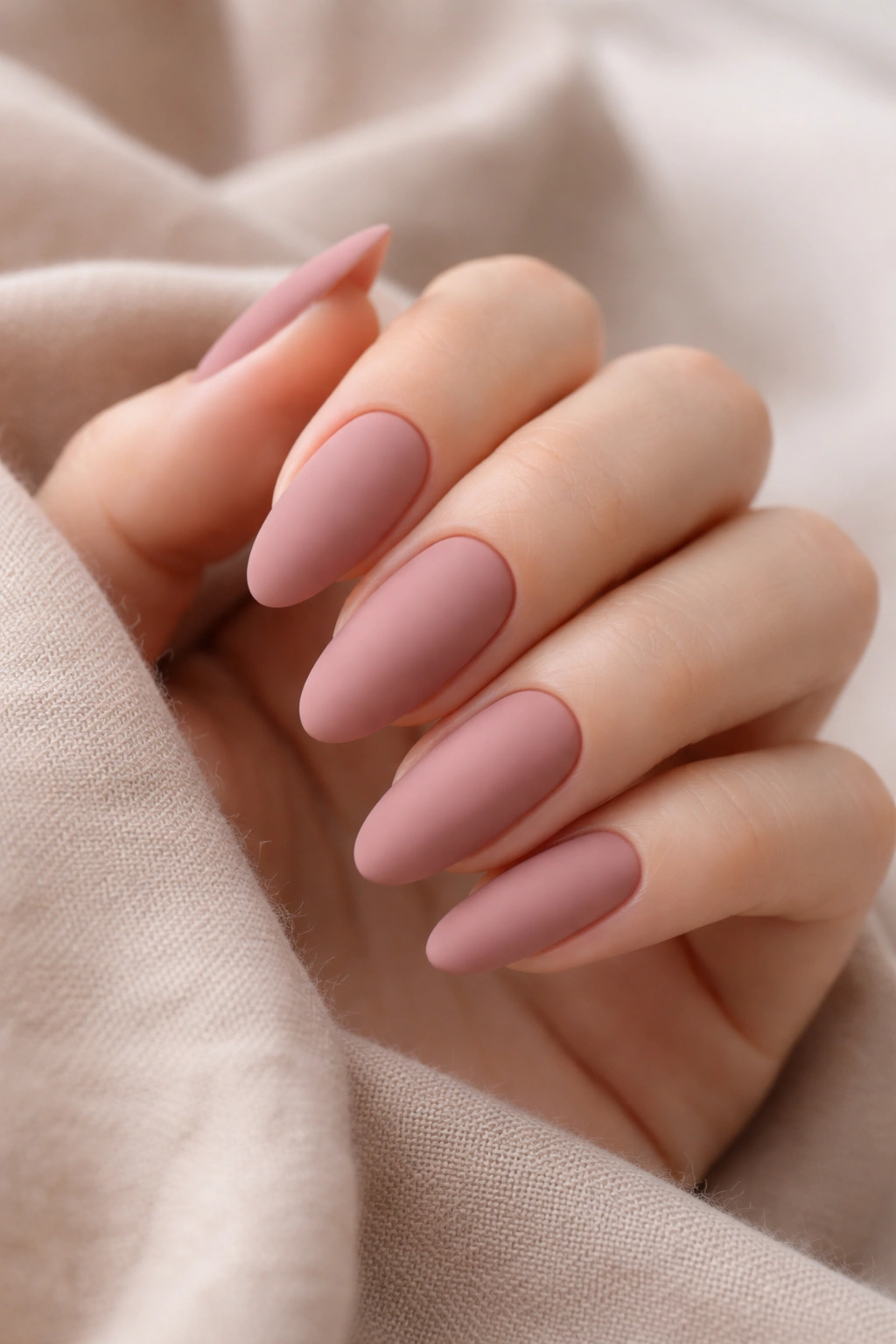 Long oval nails in dusty rose matte finish