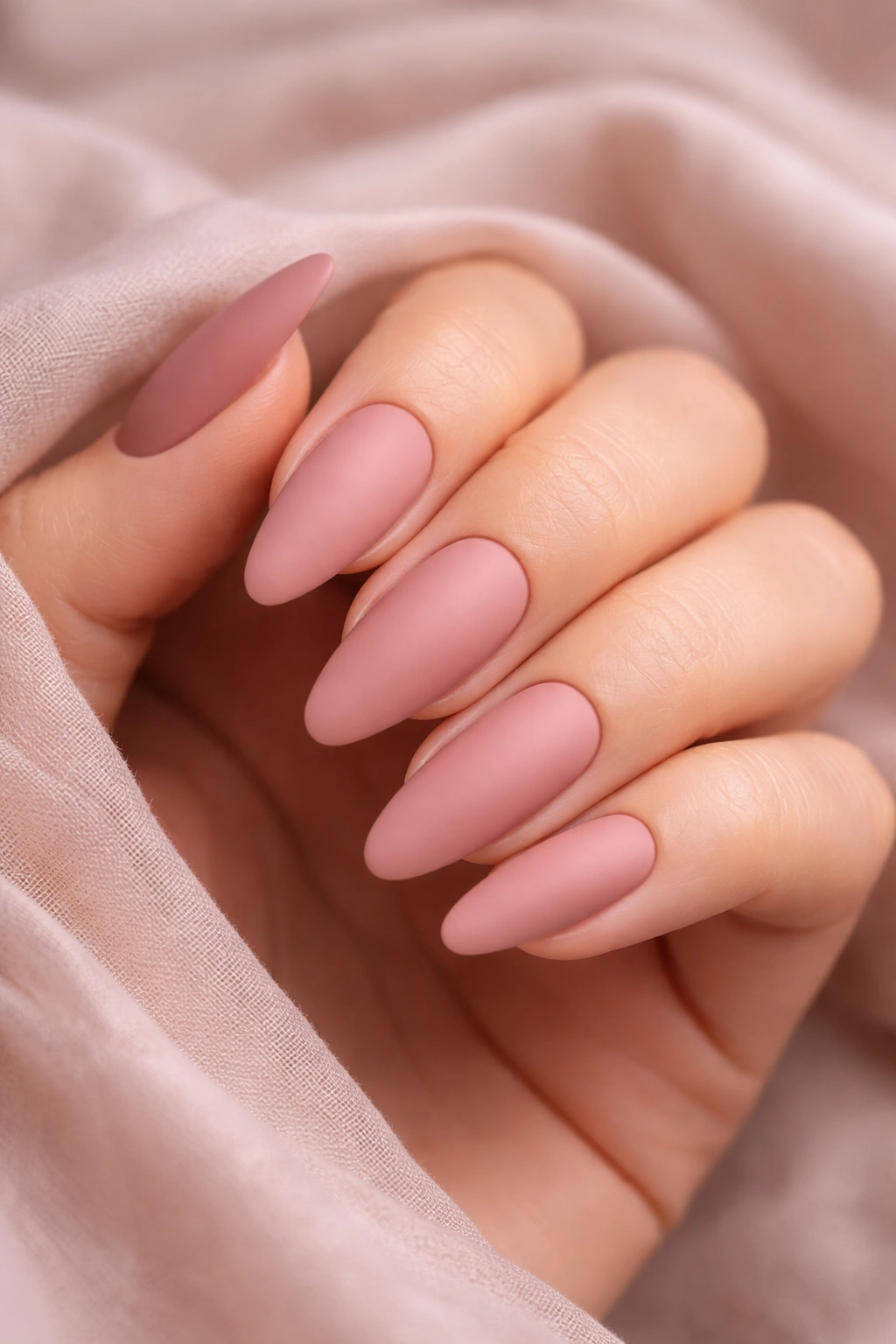 Close-up of dusty rose matte acrylic nails on a hand.