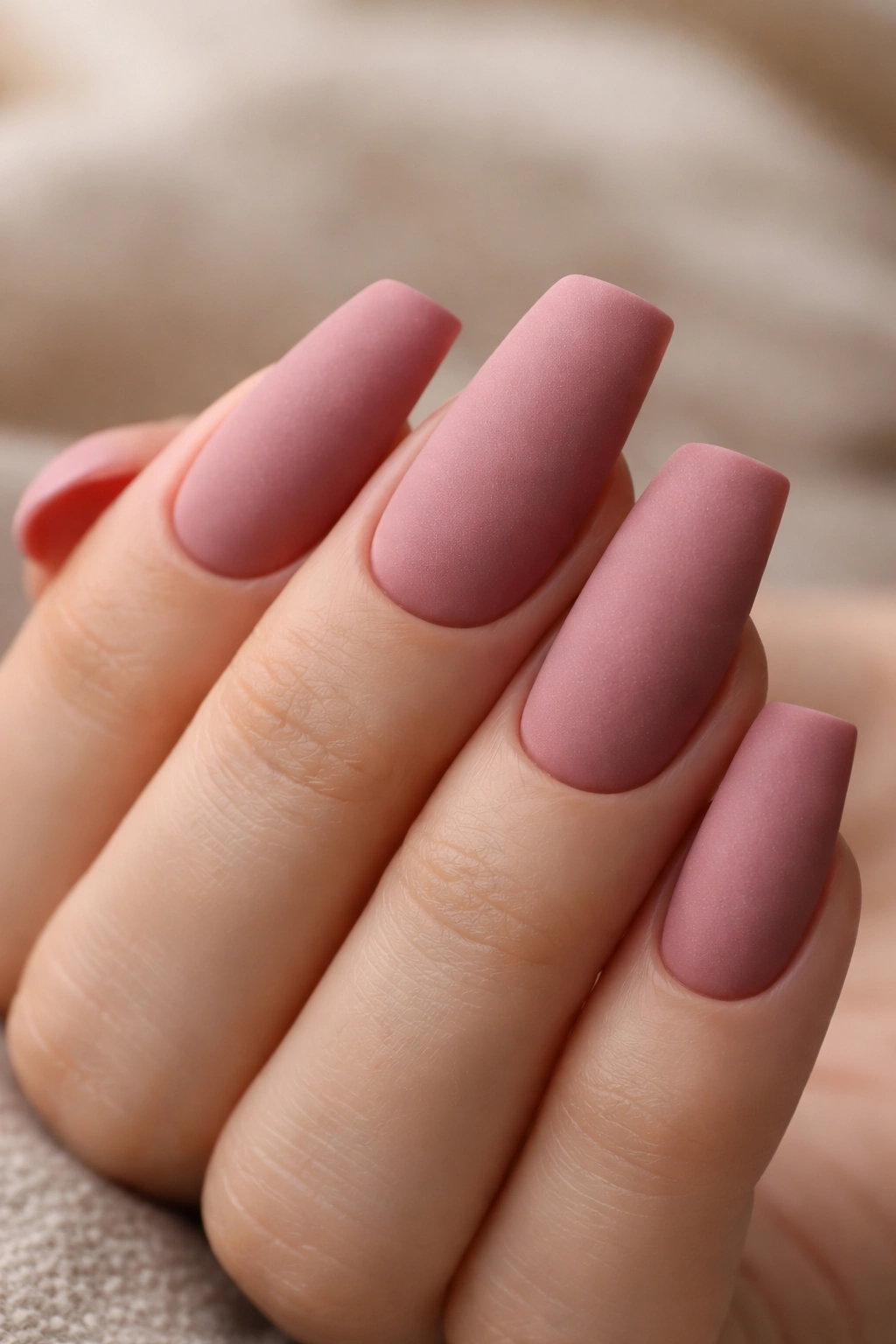 Close-up of dusty rose duck nails with a matte finish