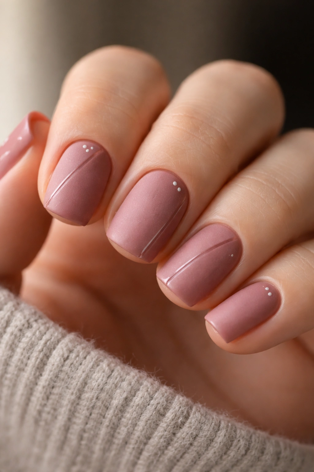 Dusty rose nails with matte finish and small glossy details on short squoval tips