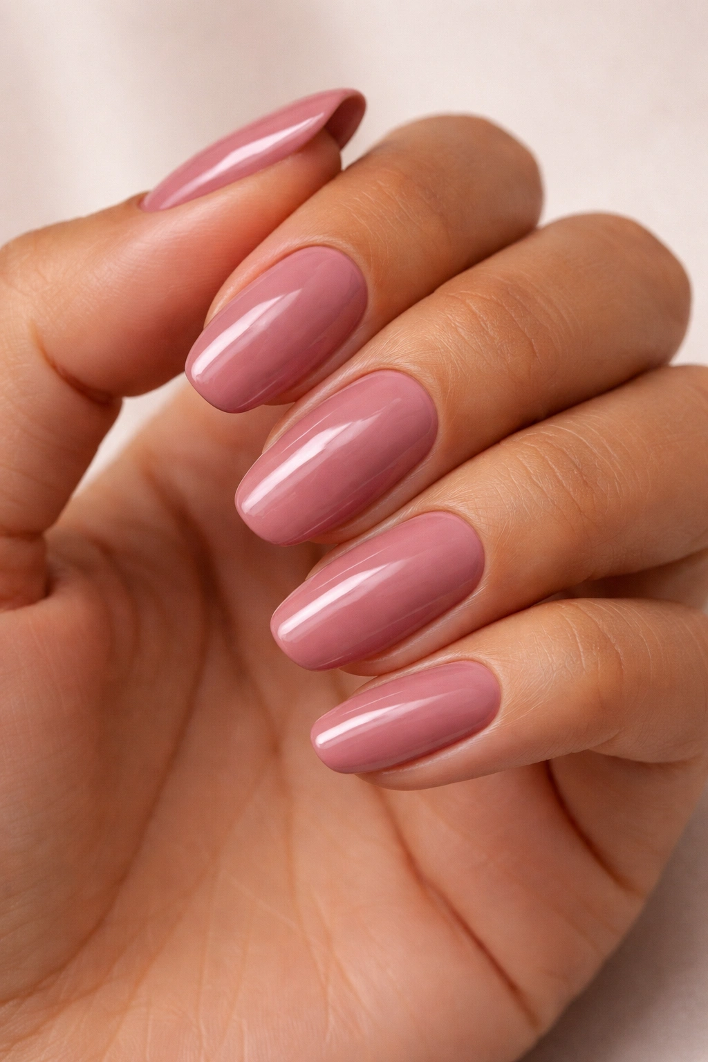Close-up of dusty rose nails on medium skin with glossy finish
