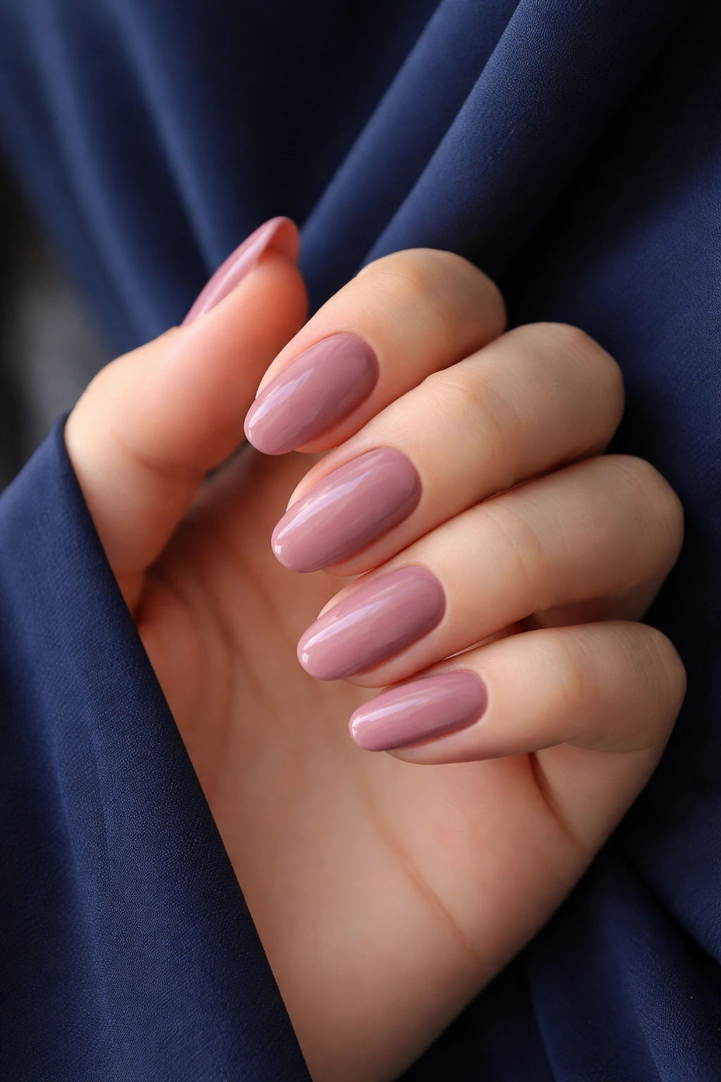 Dusty rose nails against navy backdrop