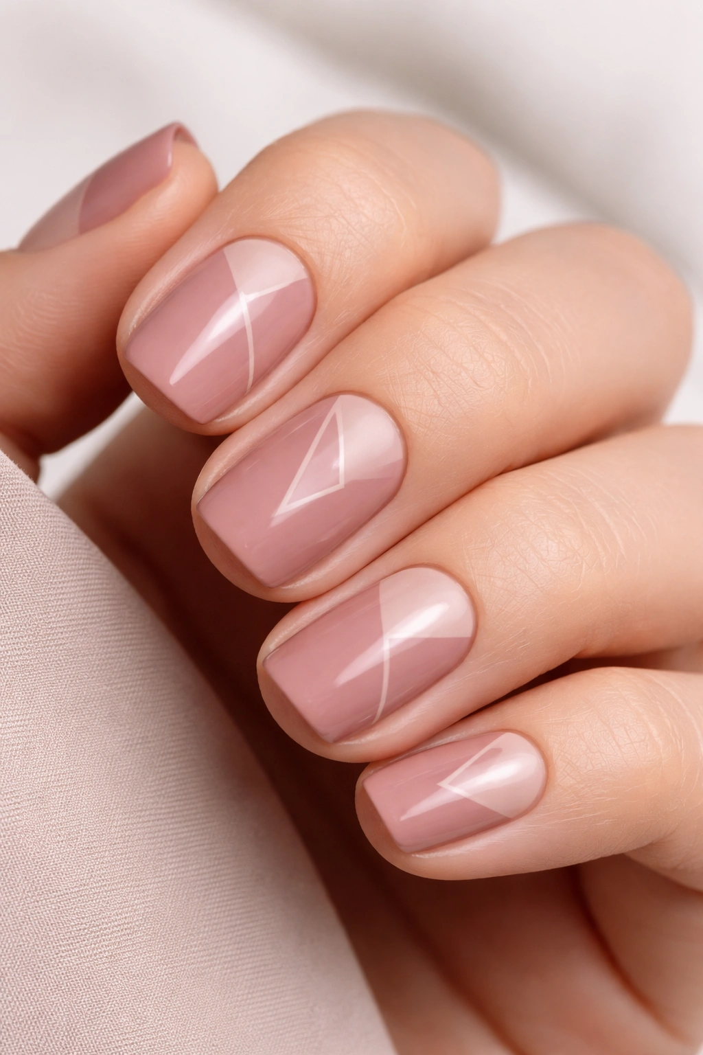 Dusty rose nails with negative-space geometric shapes