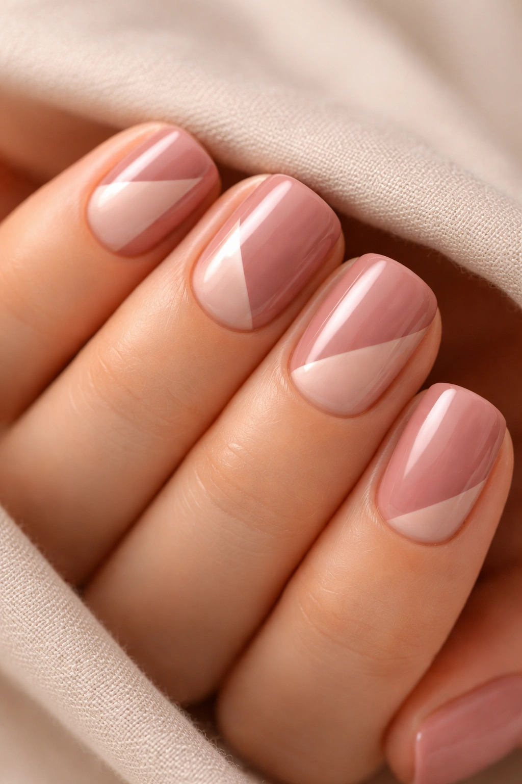 Dusty rose nails with negative-space geometric shapes on short squoval nails
