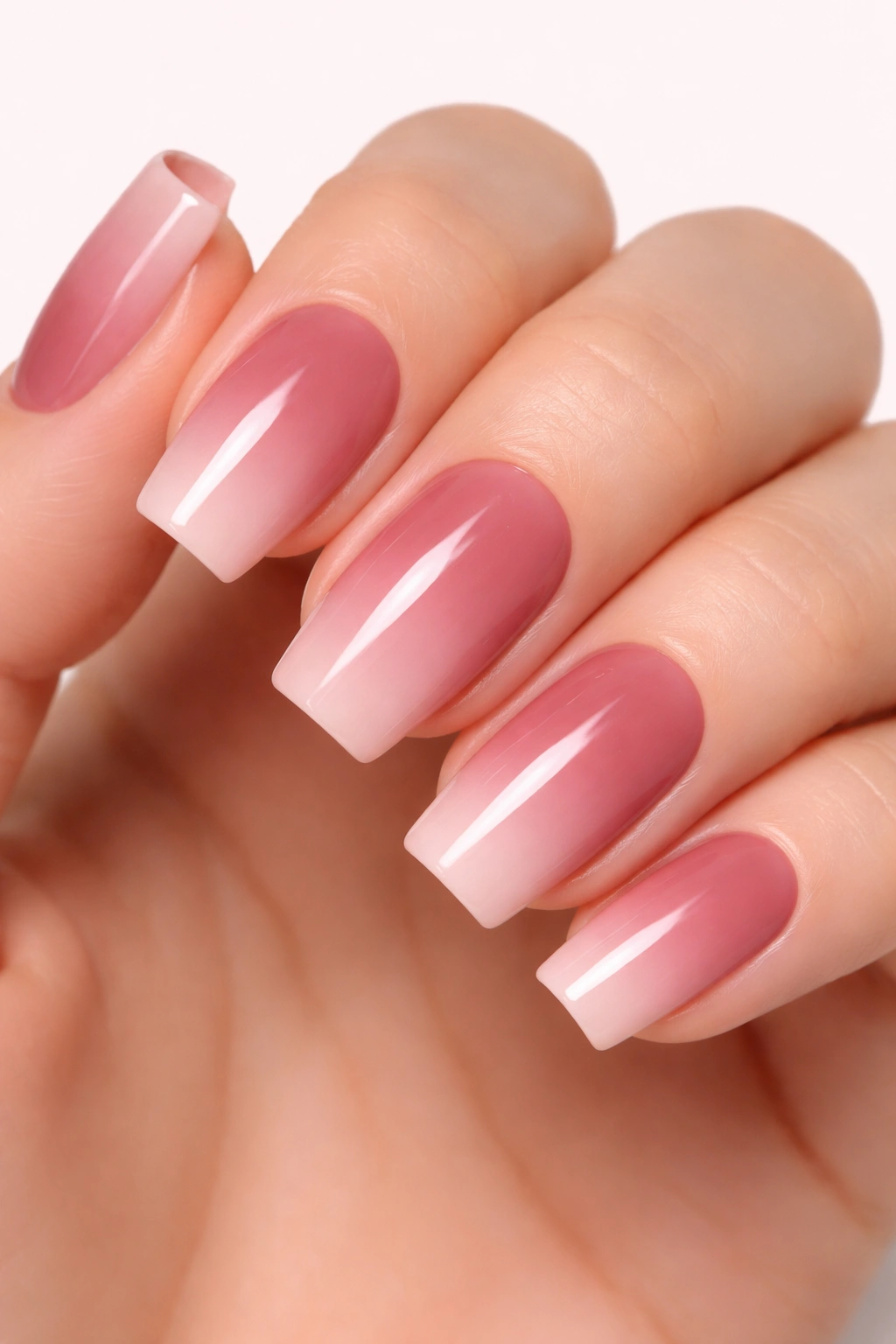 Nails with soft dusty rose ombre gradient across the nail on soft square nails