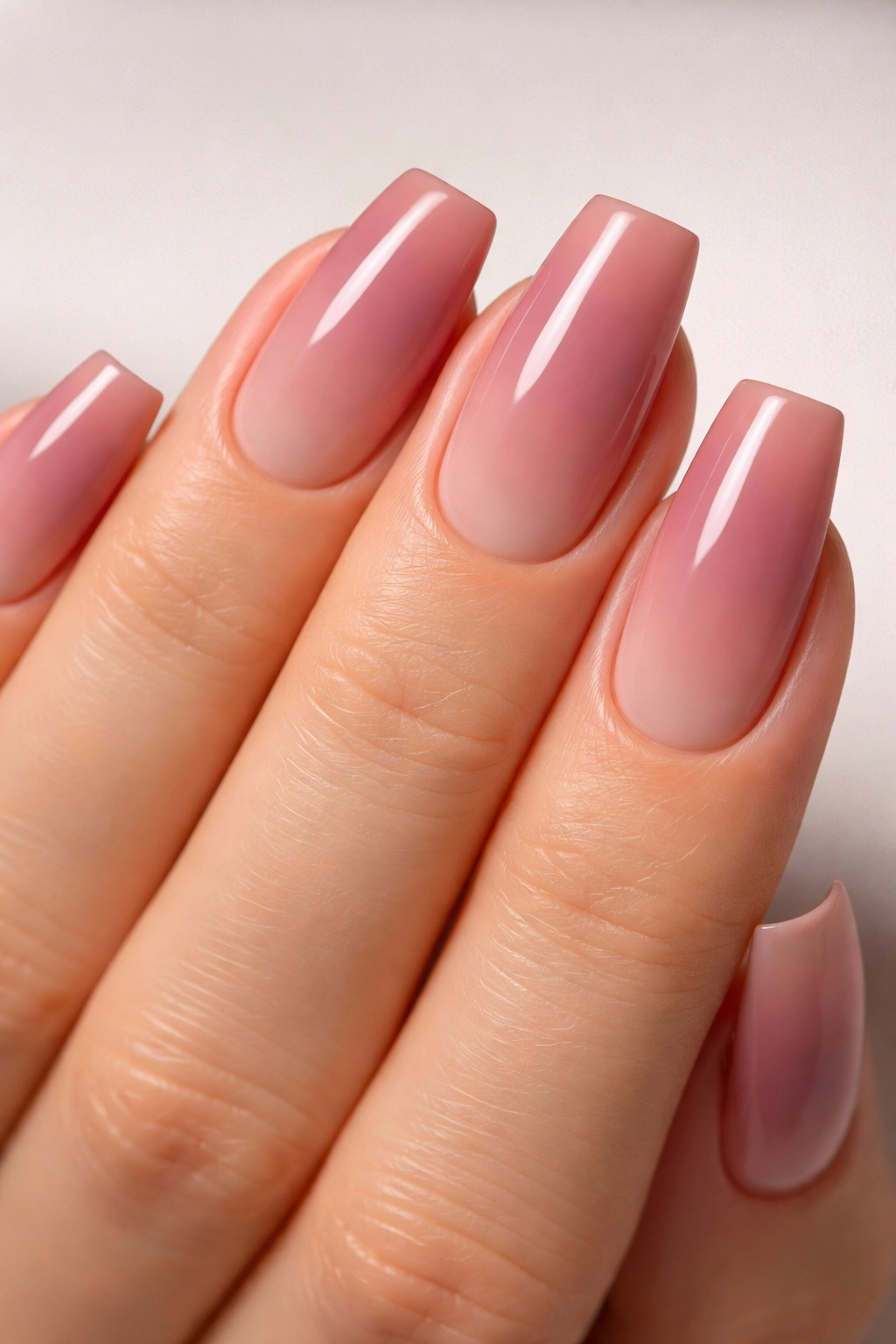 Close-up of nails with dusty rose base and nude gradient tips on soft square nails
