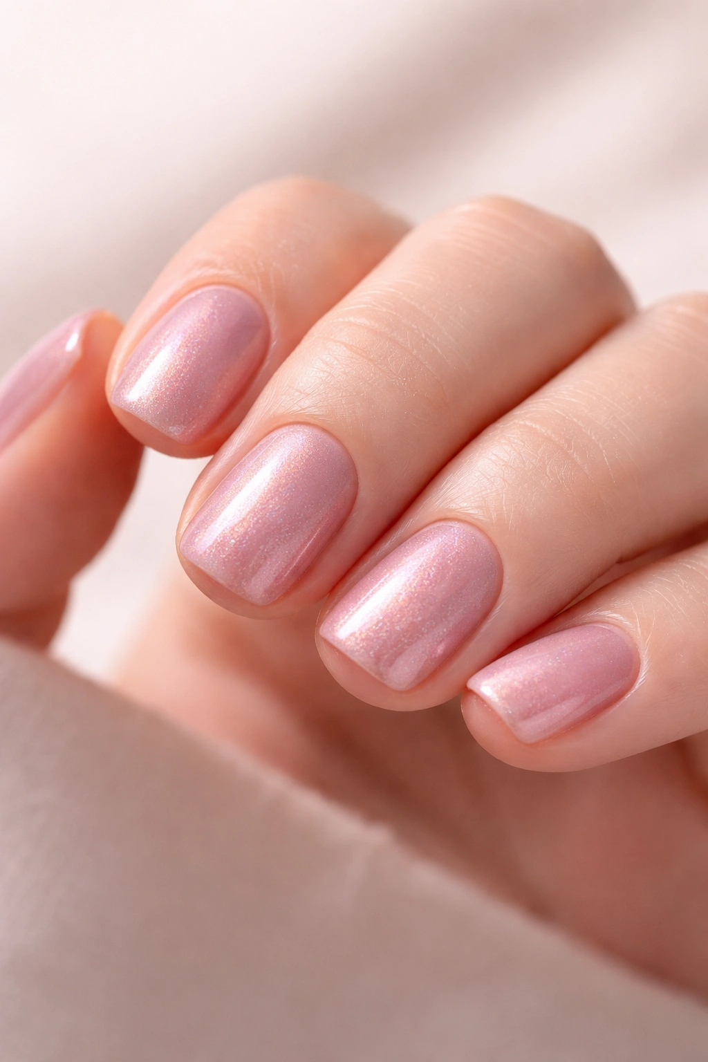 Dusty rose pink nails with pearl finish showing pink-mauve-champagne shimmer