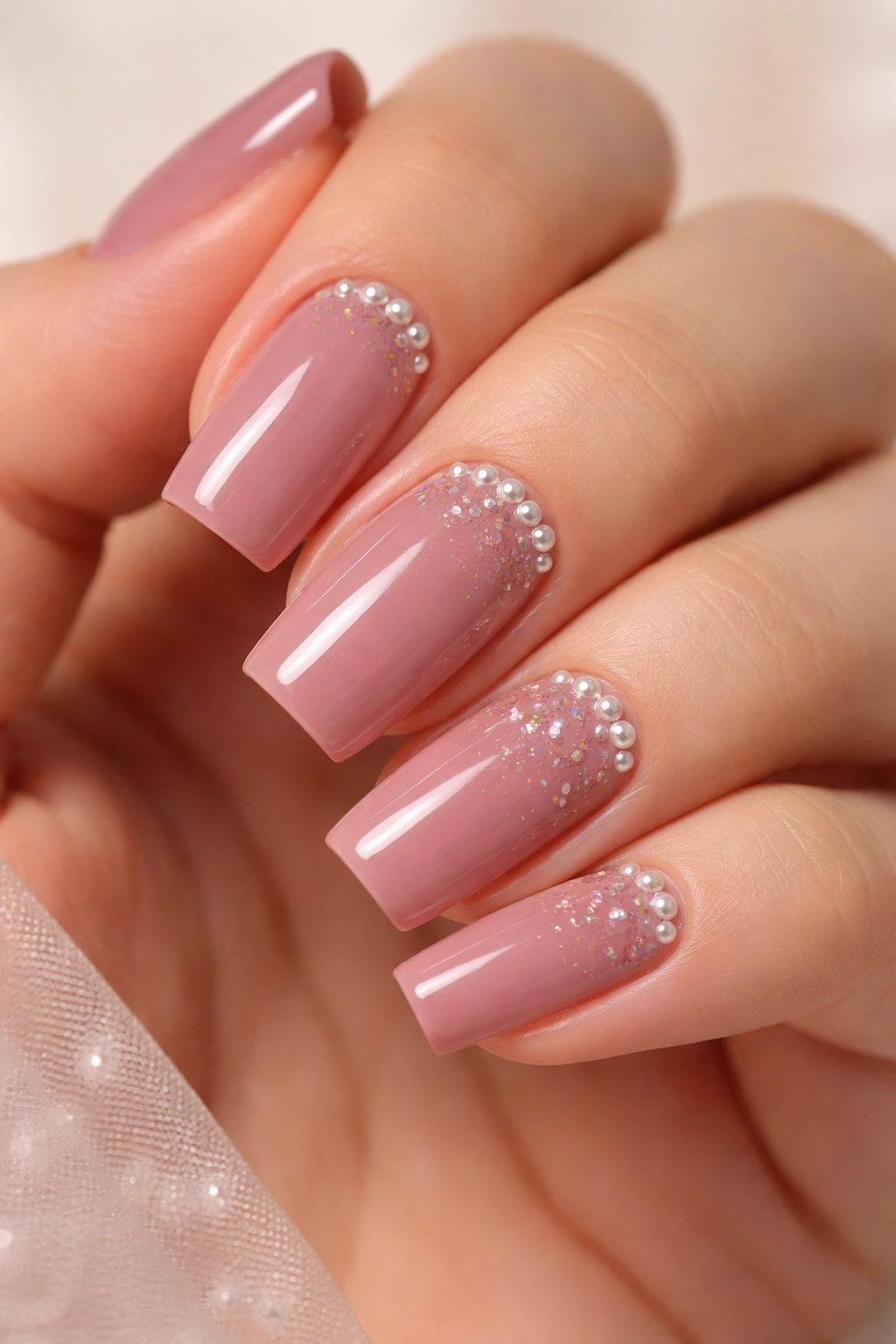 Dusty rose nails with pearl accents at cuticle on soft square nails.