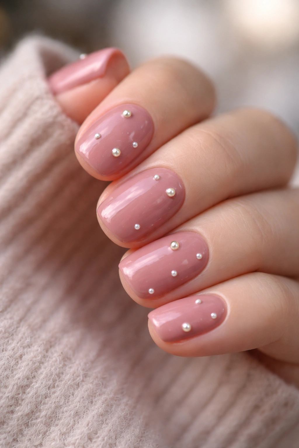 Close-up of dusty rose nails with scattered pearl accents on squoval shape