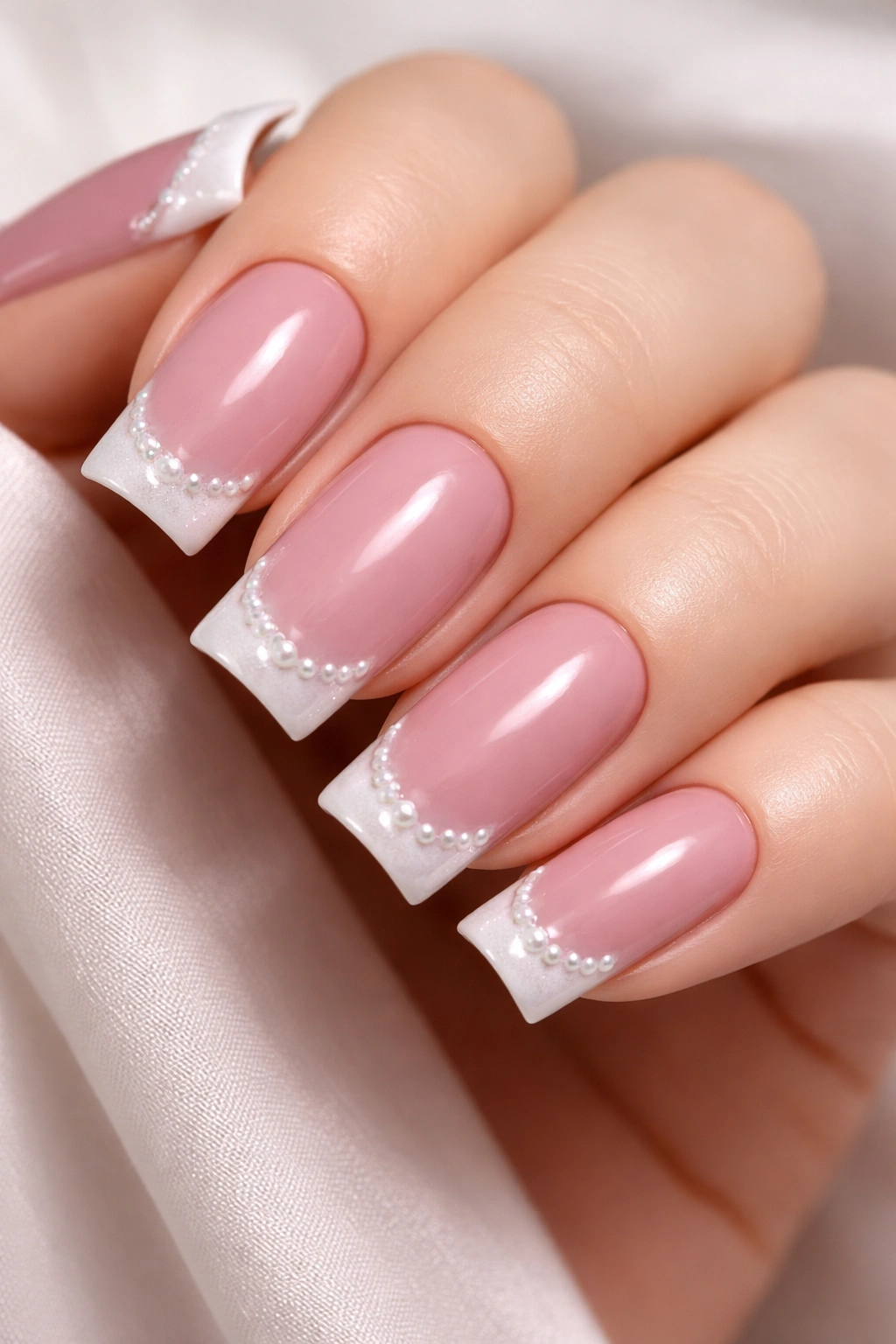Close-up of nails with dusty rose base and pearl accents on the tips.