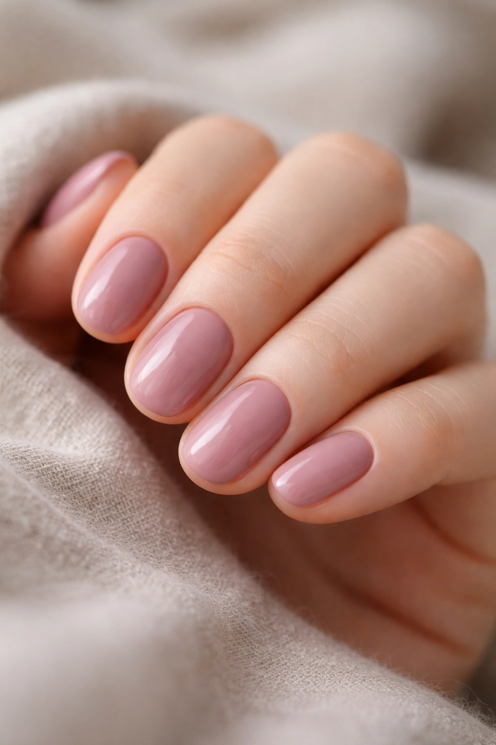 Close-up of short oval nails in dusty rose muted pink