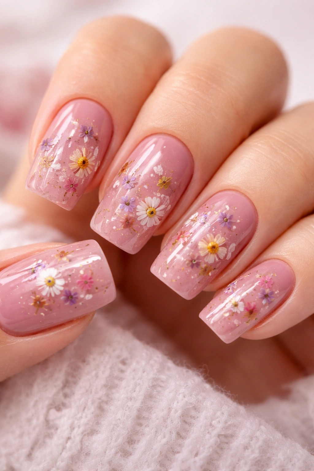 Dusty rose nails with pressed flowers under topcoat