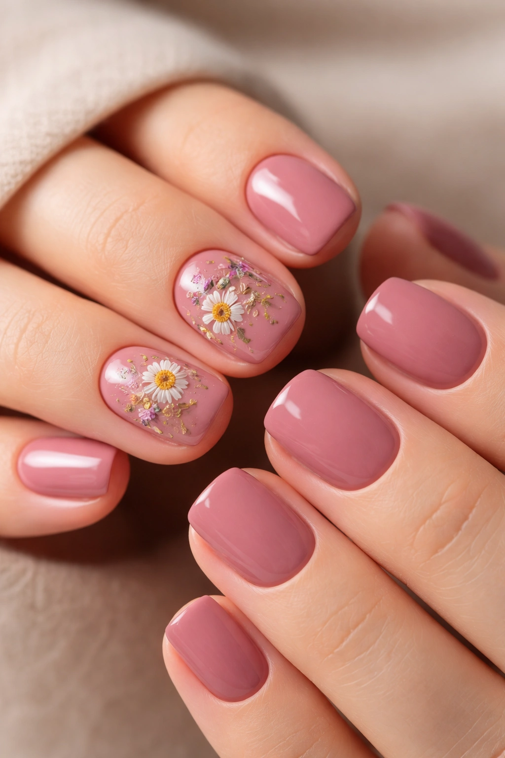 Dusty rose nails with pressed flowers on short squoval nails