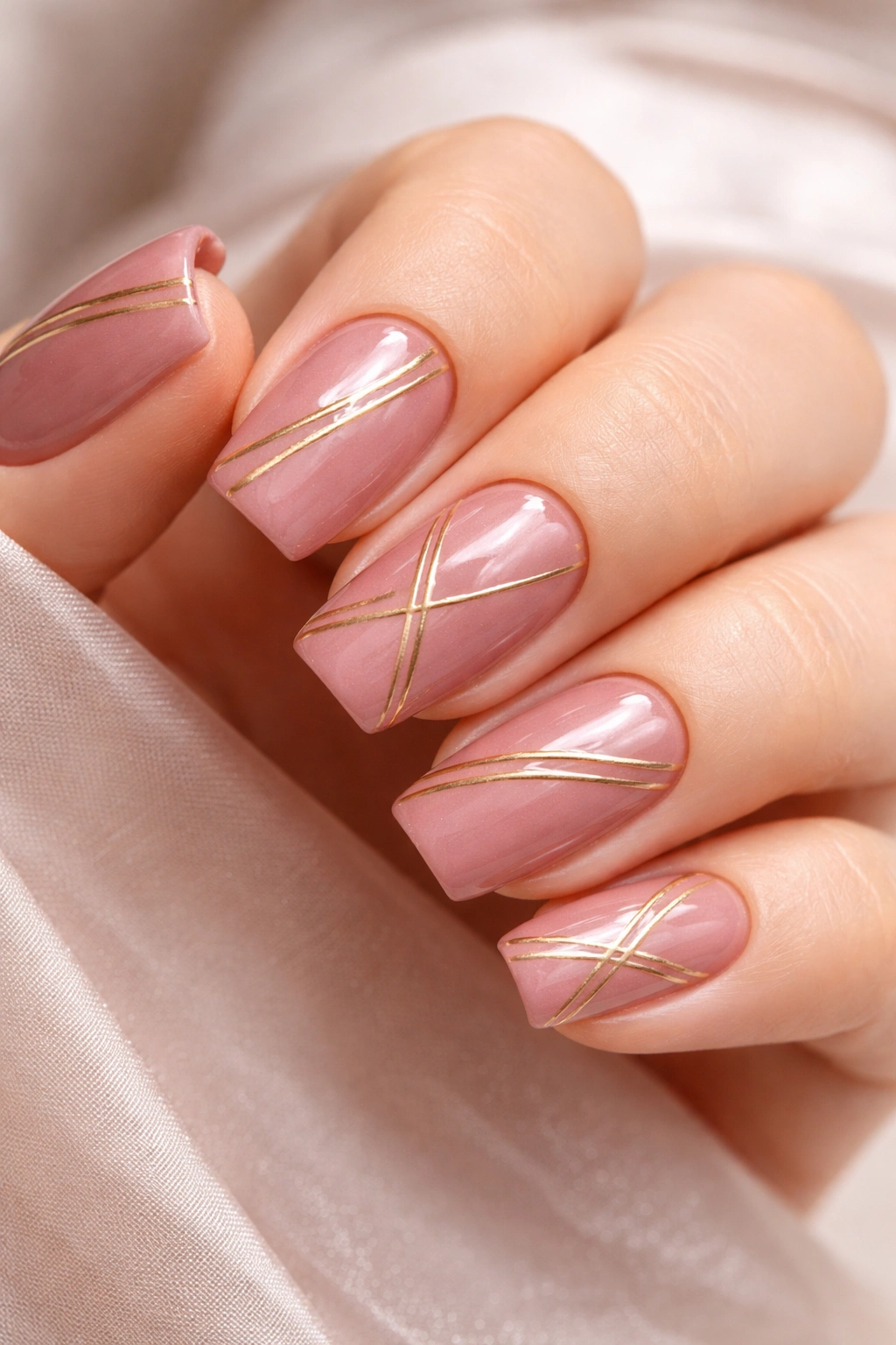 Close-up of dusty rose nails with raised gold geometric lines