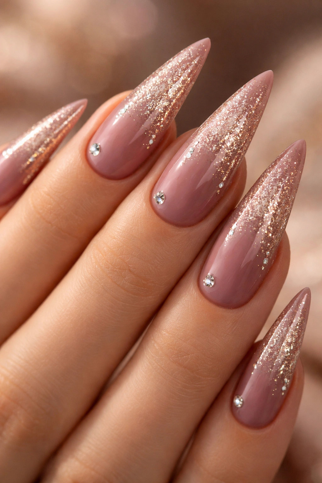 Close-up of dusty rose stiletto nails with champagne sparkle and rhinestones