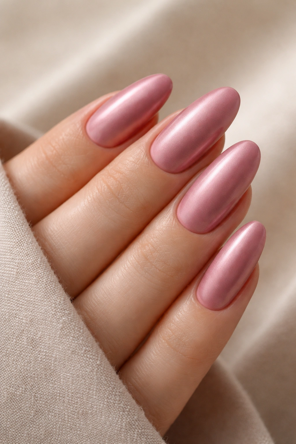 Close-up of dusty rose long oval nails with satin sheen on a neutral backdrop