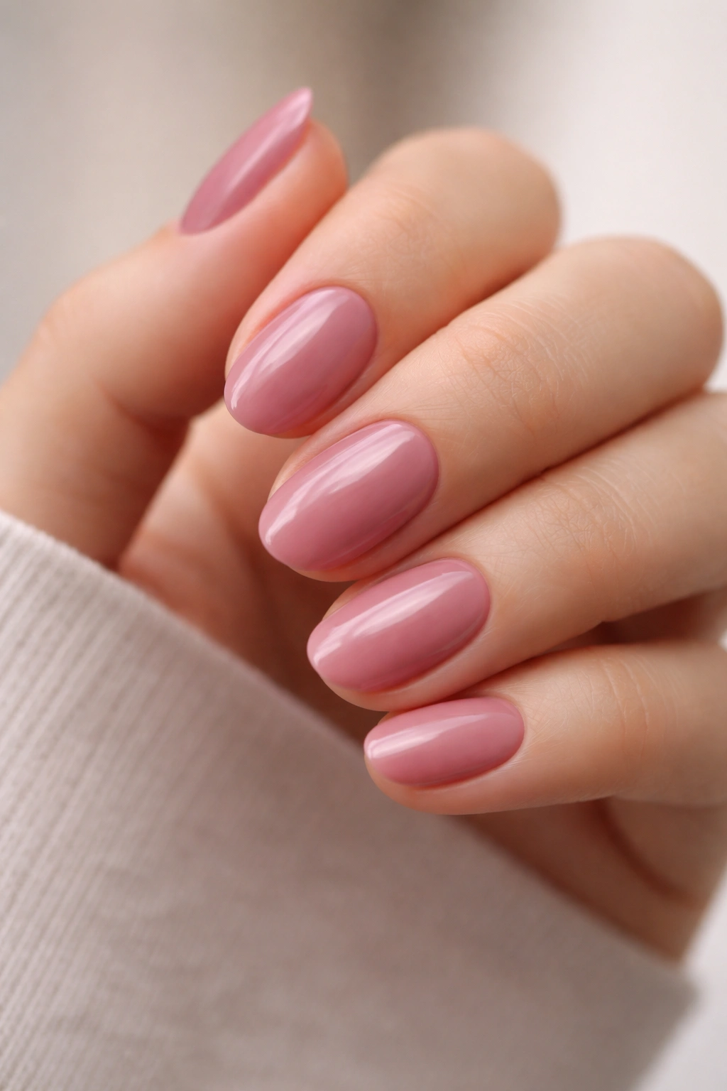 Close-up of a hand with dusty rose short oval nails on a neutral background