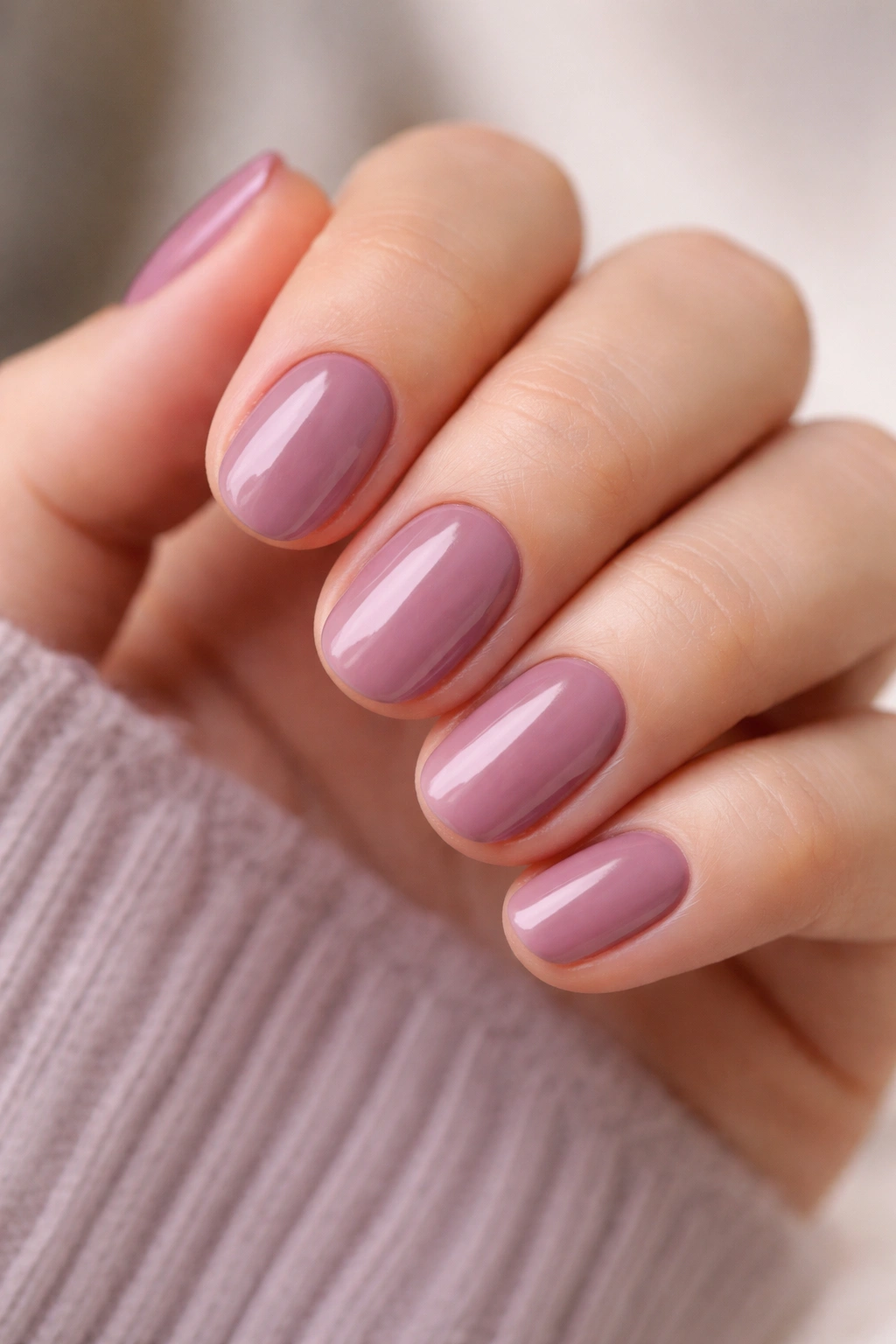Close-up of dusty rose short oval dip powder nails on a hand in a soft studio setting
