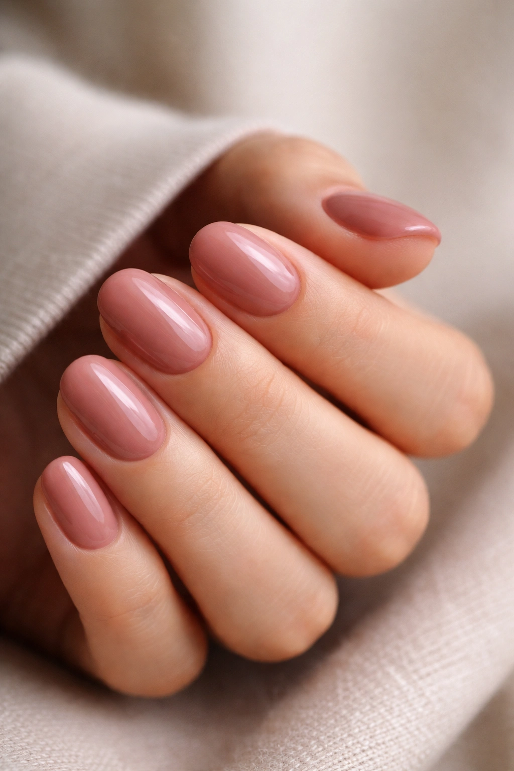 Close-up of short oval nails in dusty rose cream on a neutral background