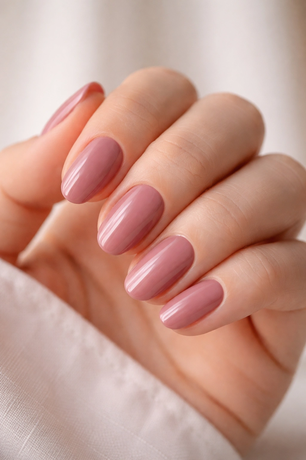Close-up of dusty rose short oval acrylic nails on nude base