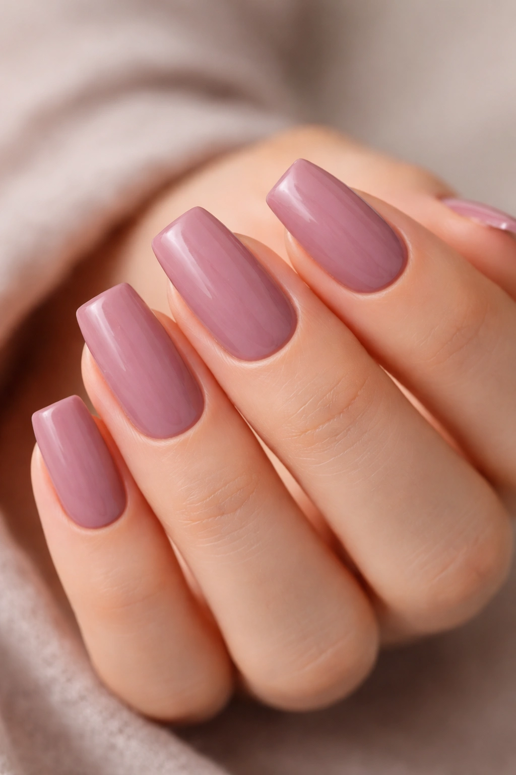 Close-up of hands with dusty rose square nails
