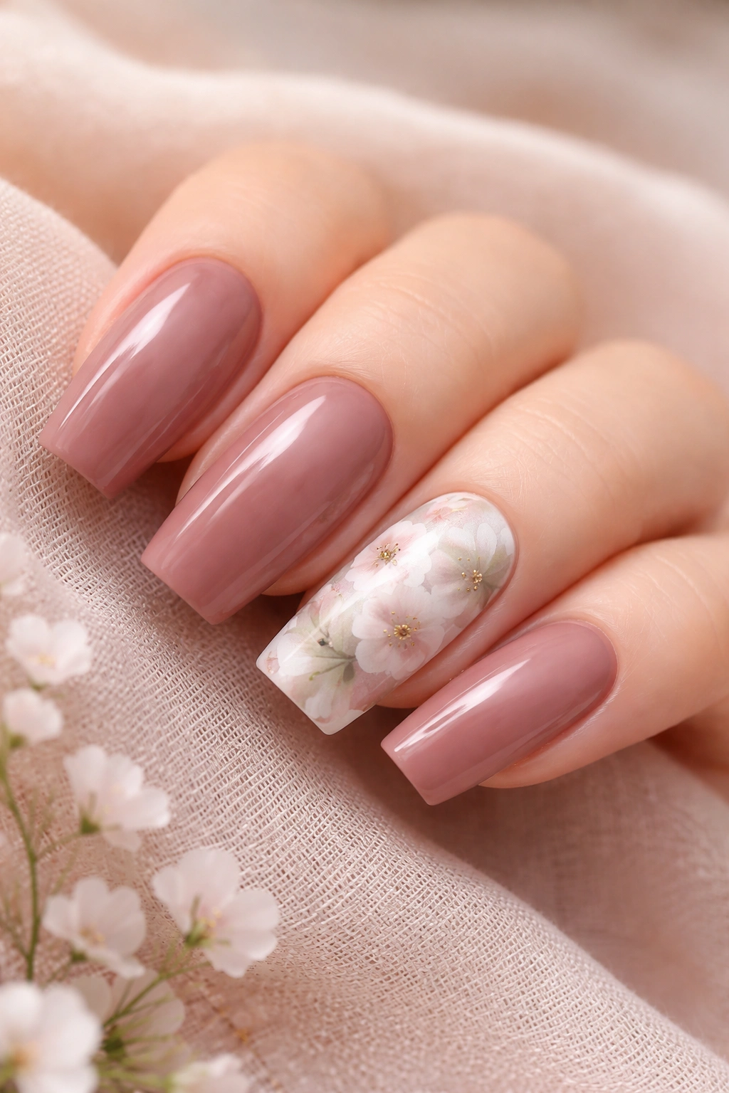Long squoval nails in dusty rose with subtle watercolor florals on an accent nail