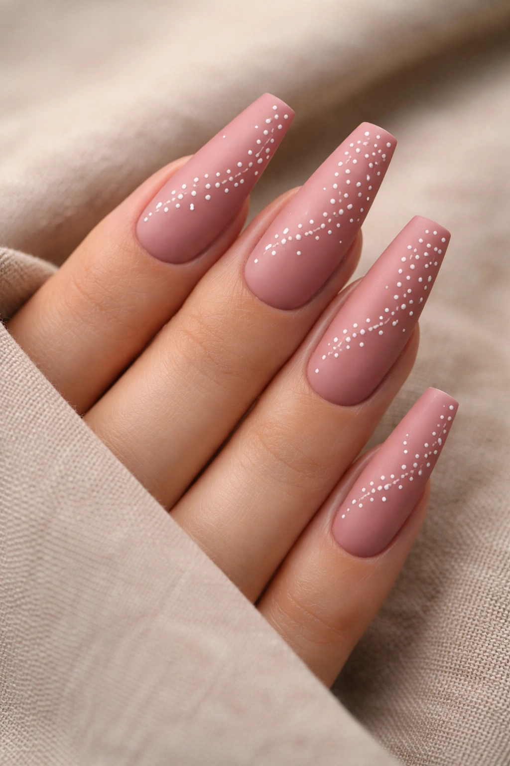 Dusty rose coffin nails with delicate white dot pattern