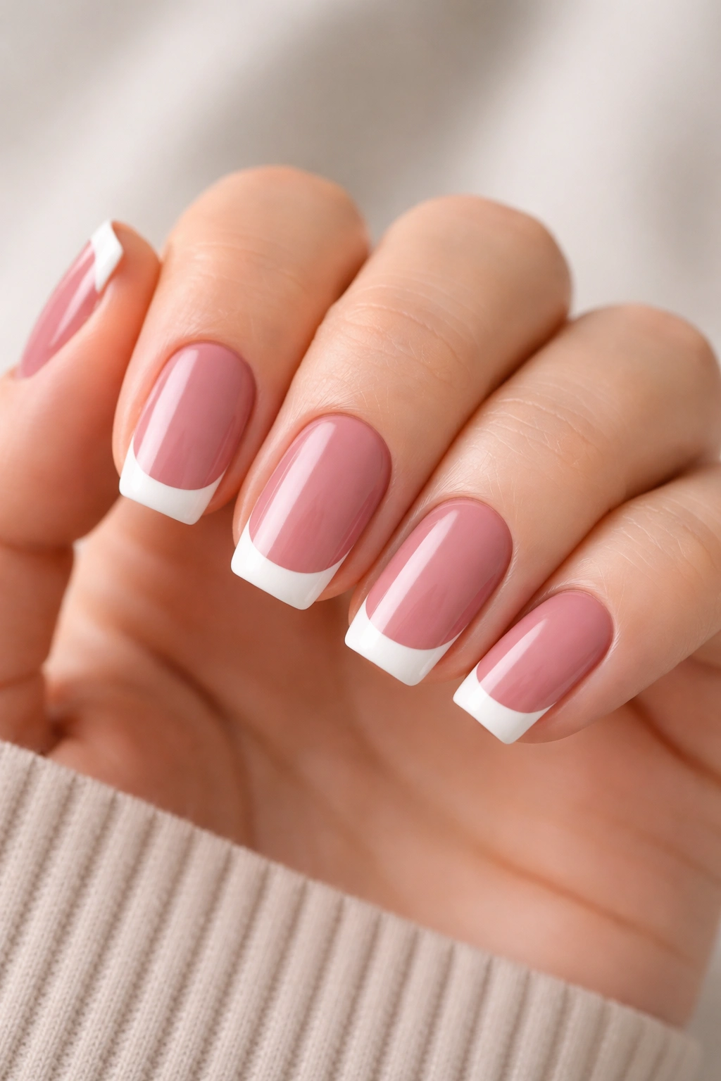 Close-up dusty rose nails with white French tips