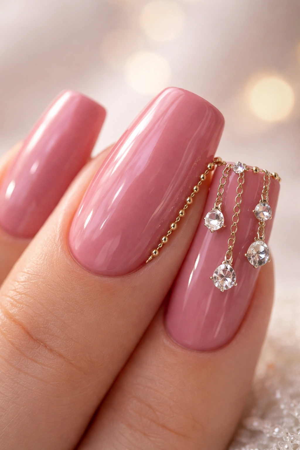 Close-up of a dusty rose nail with cubic zirconia dangles