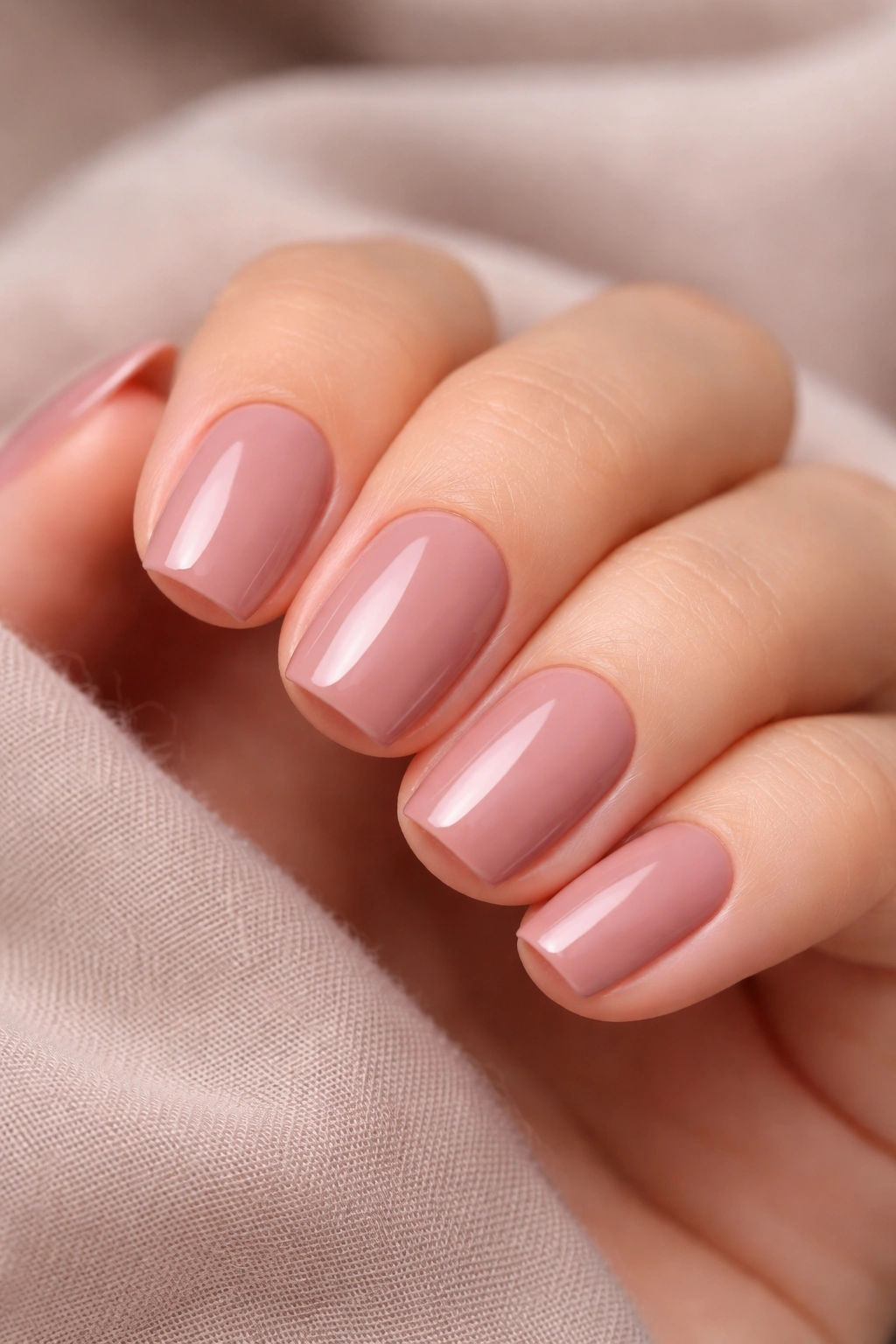 Close-up of short squoval nails in Dusty Rose-Nude Hybrid shade.