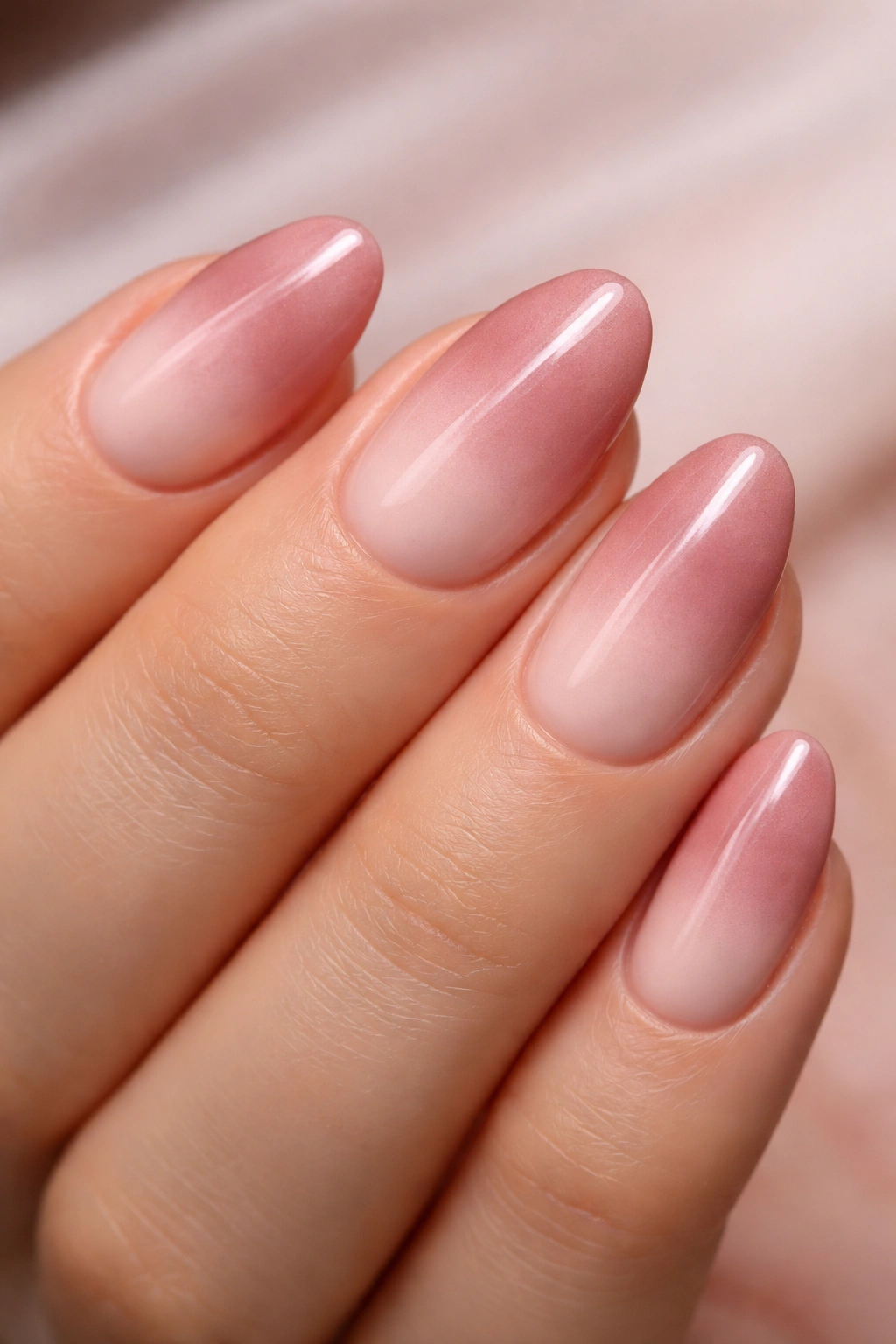 Dusty rose to pale blush ombre on short almond nails