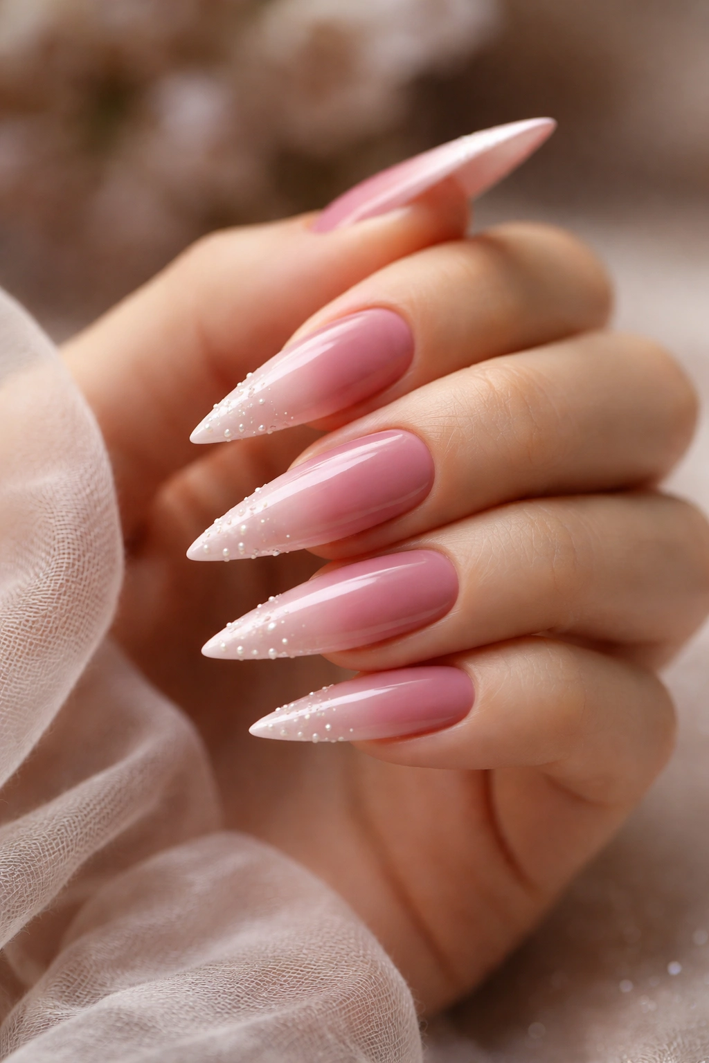 Stiletto nails in dusty rose ombré with pearl accents on a neutral background