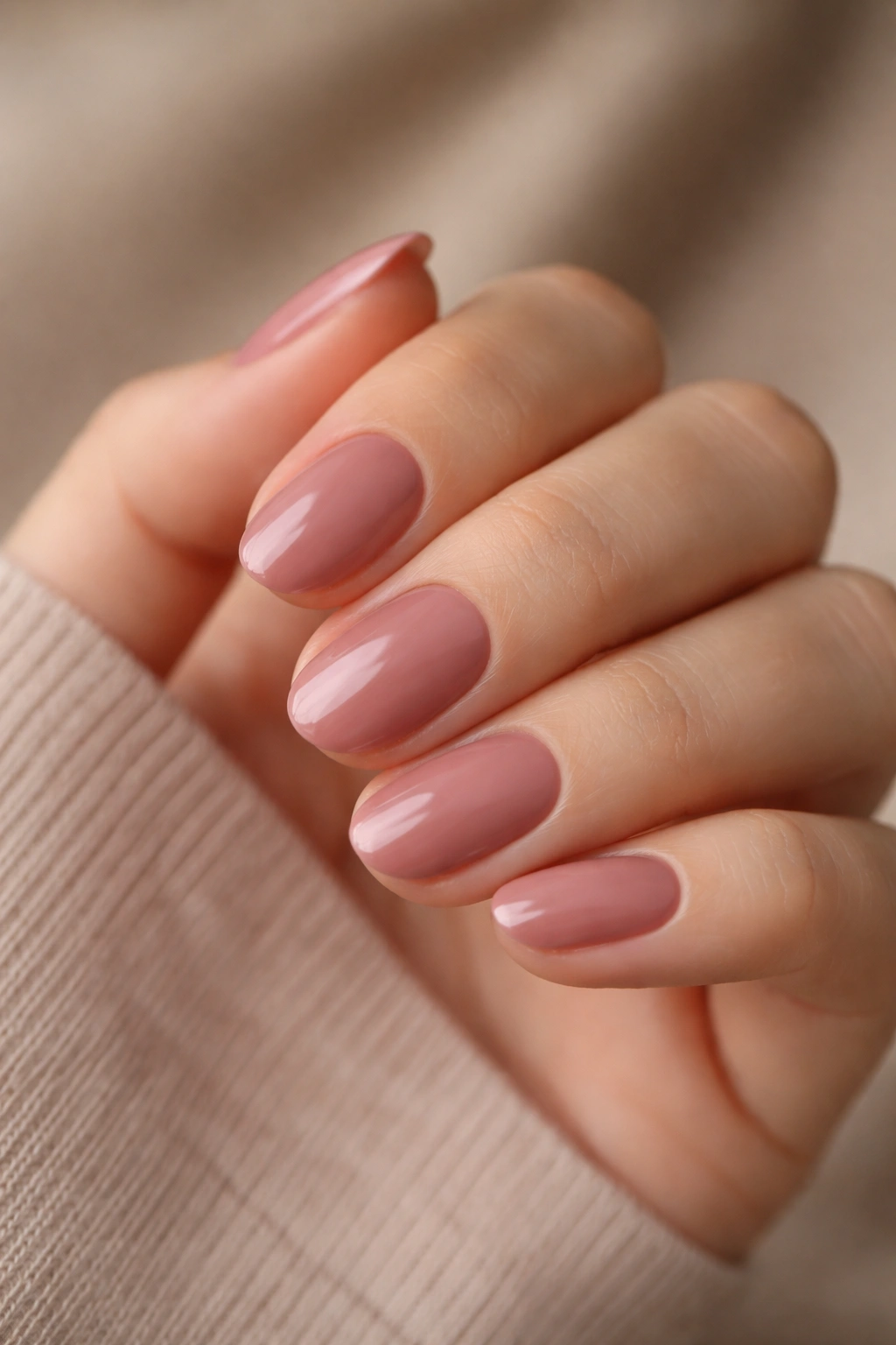 Close-up of short dusty rose oval nails with muted pink-brown tone